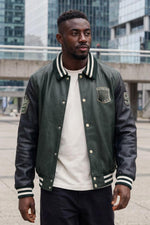 Green and black leather varsity jacket with shirt collar - Image n°1