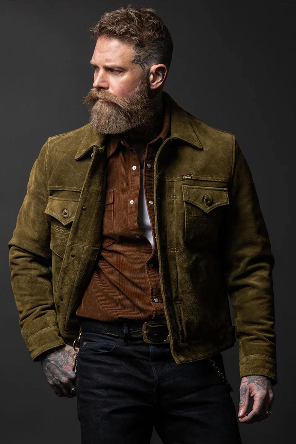 Western-style trucker jacket in olive suede leather. - Image n°11