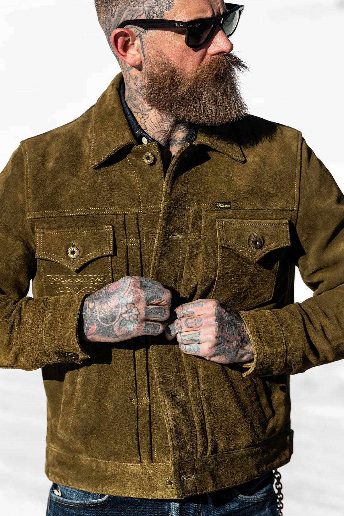 Western-style trucker jacket in olive suede leather. - Image n°4