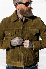 Western-style trucker jacket in olive suede leather. - Image n°4