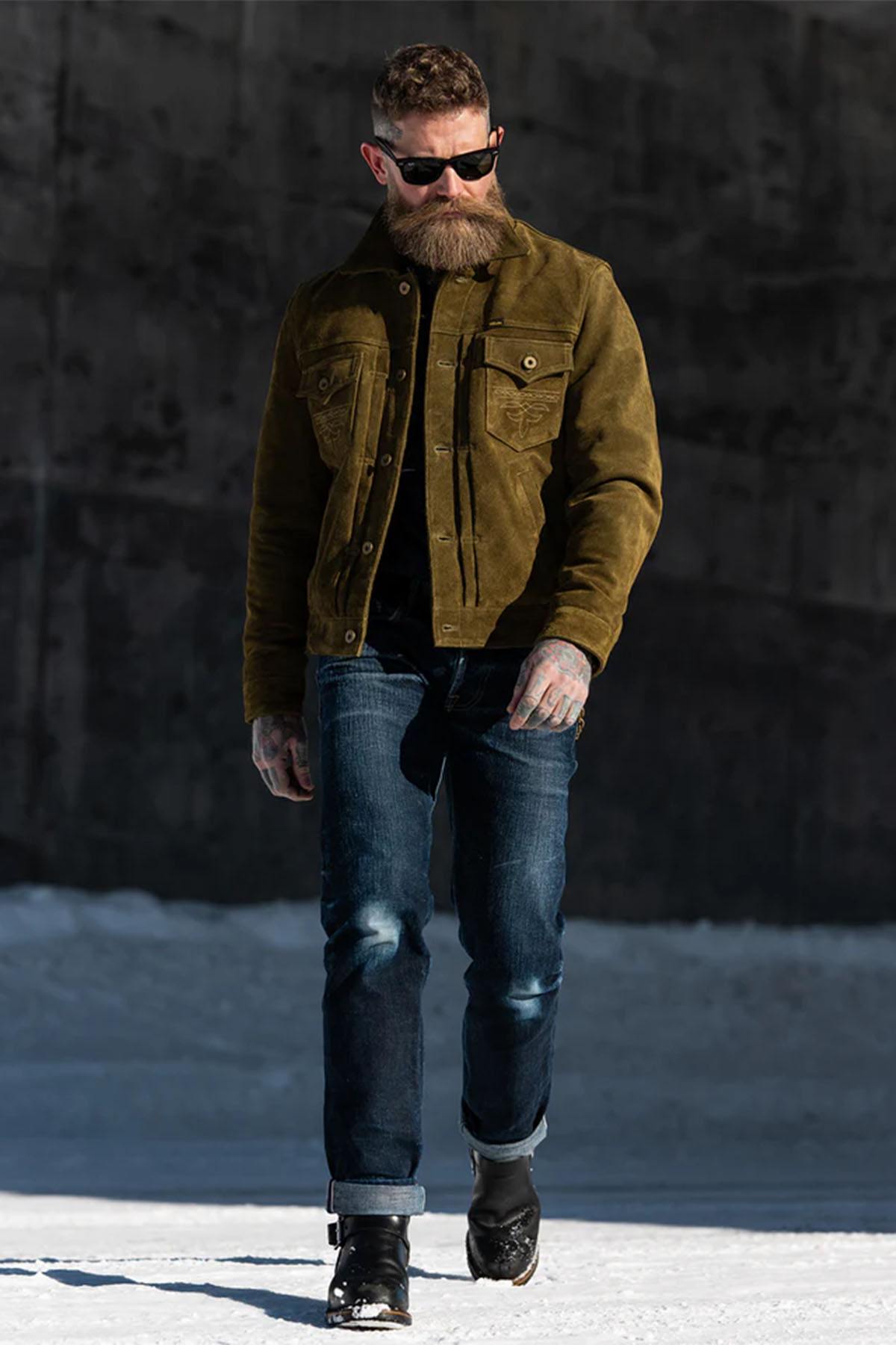 Western-style trucker jacket in olive suede leather. - Image n°3
