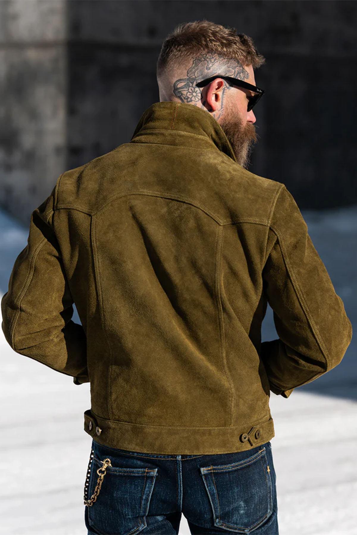 Western-style trucker jacket in olive suede leather. - Image n°2
