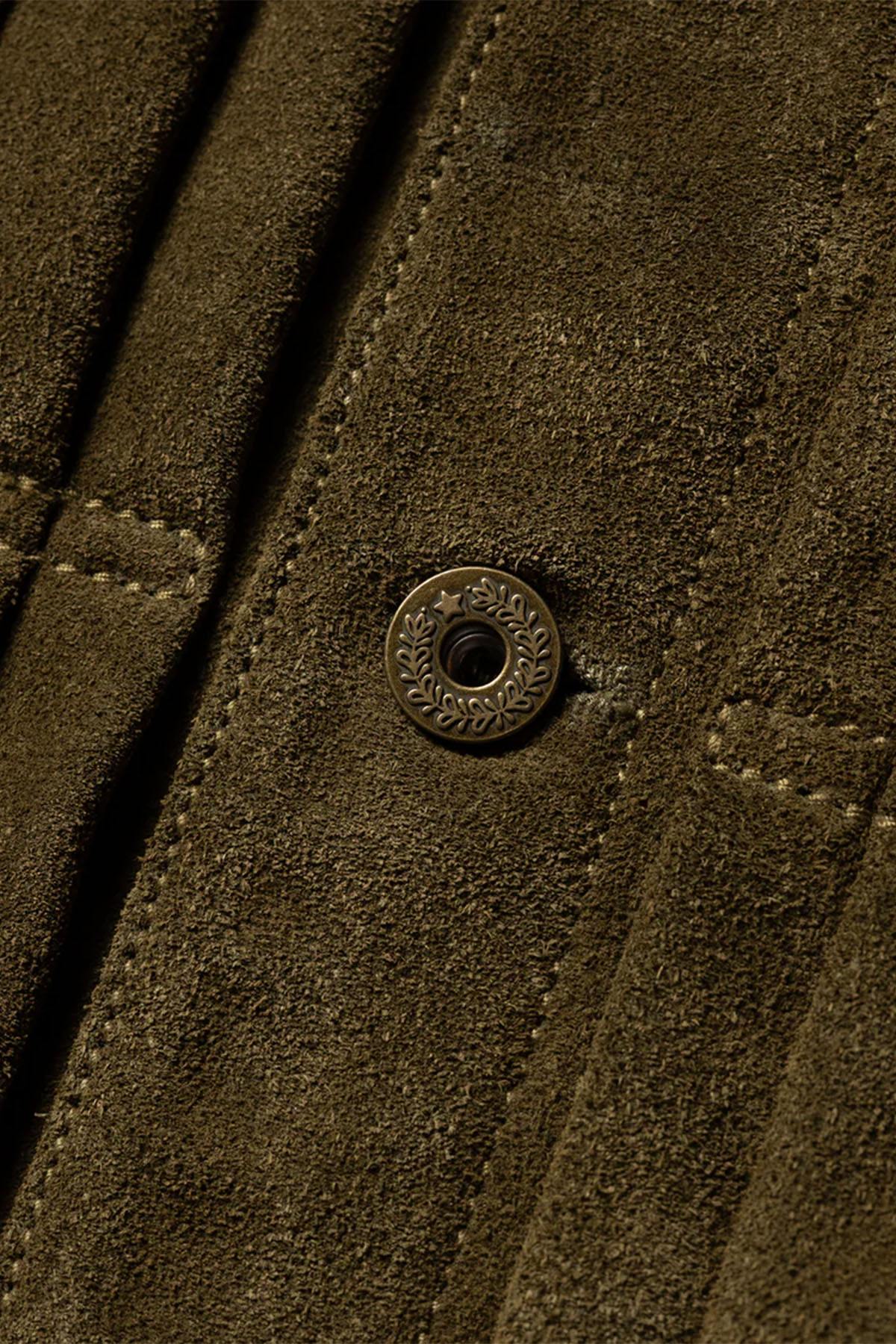 Western-style trucker jacket in olive suede leather. - Image n°9