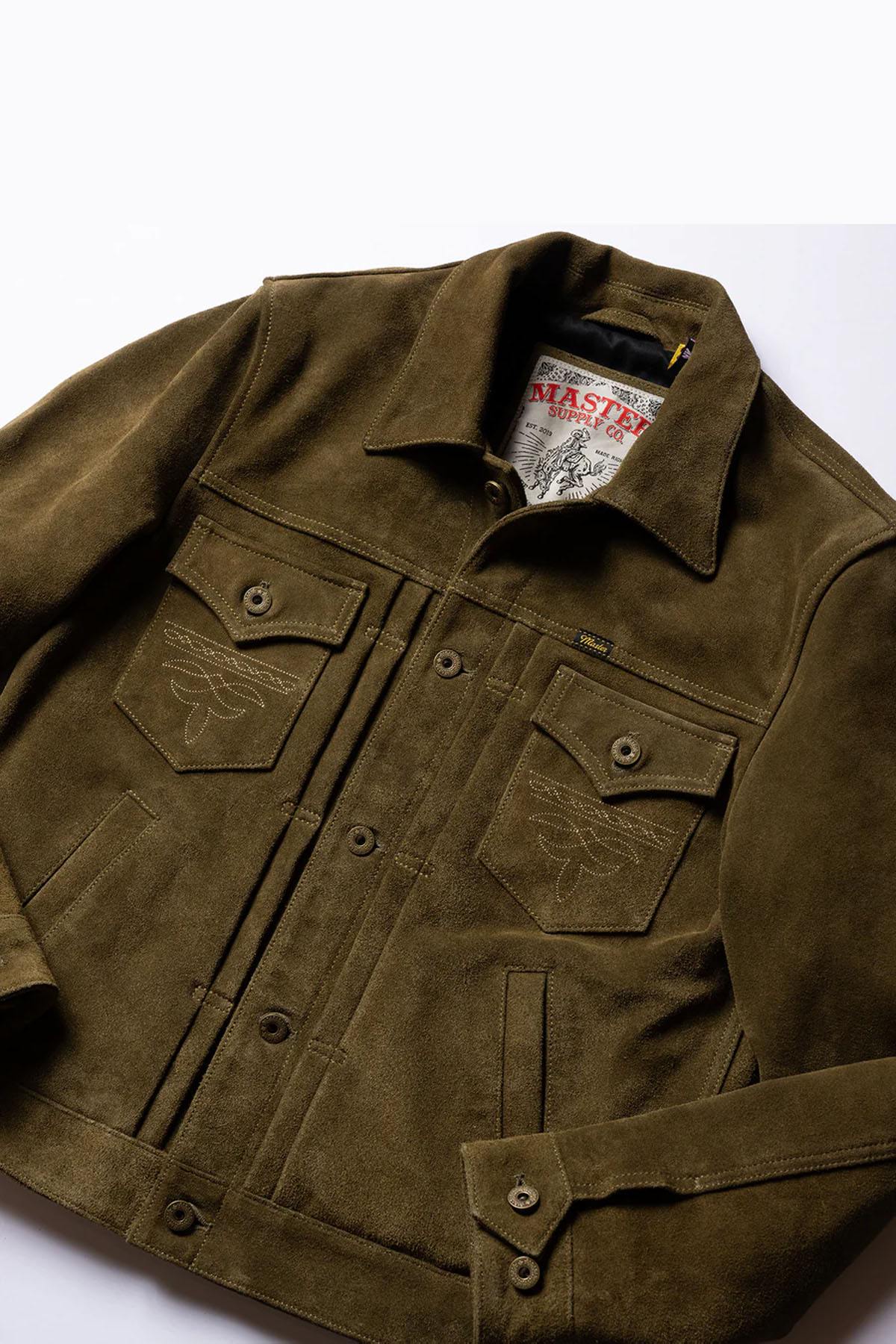 Western-style trucker jacket in olive suede leather. - Image n°12