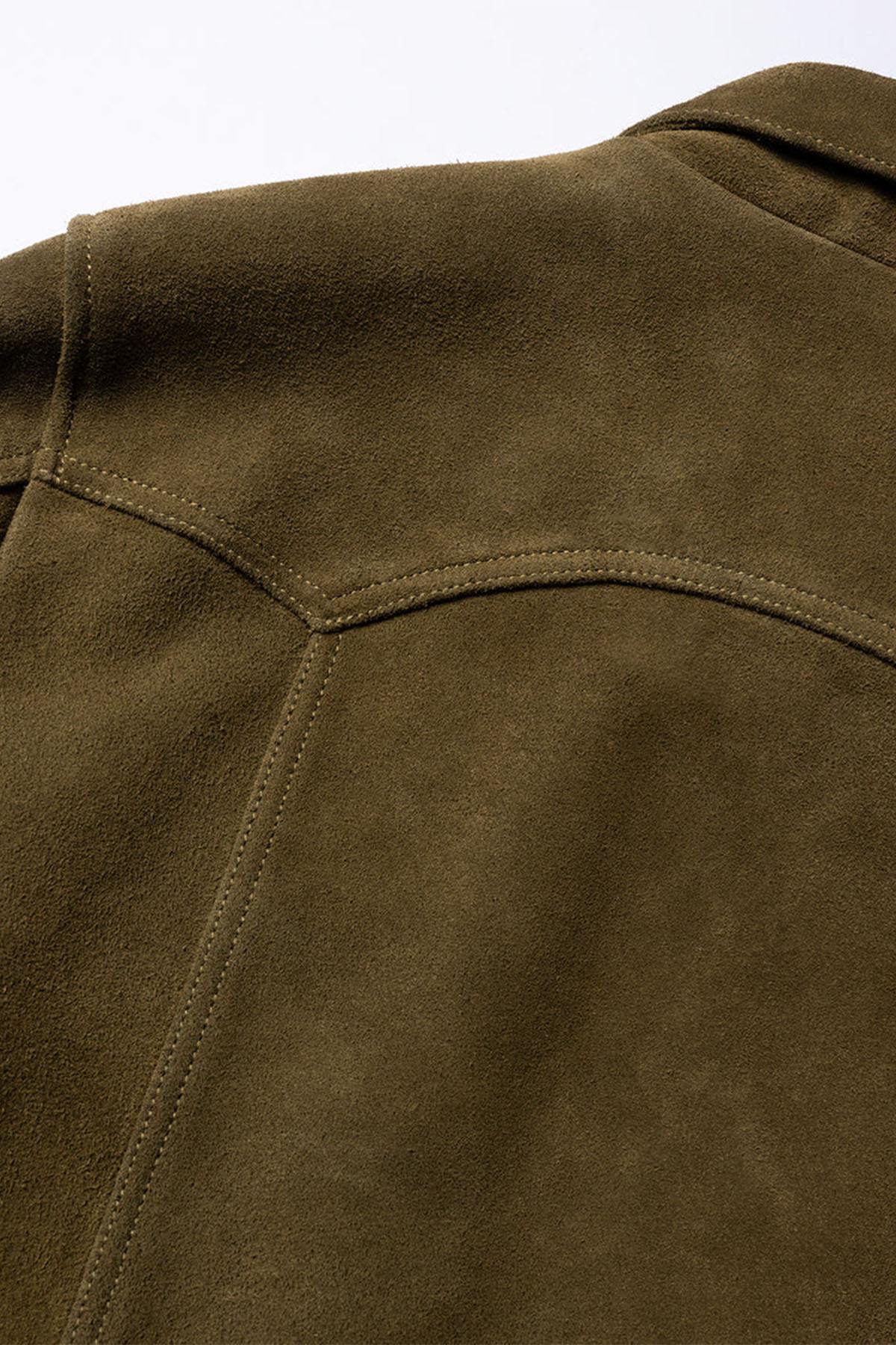 Western-style trucker jacket in olive suede leather. - Image n°10