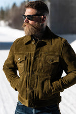 Western-style trucker jacket in olive suede leather. - Image n°1