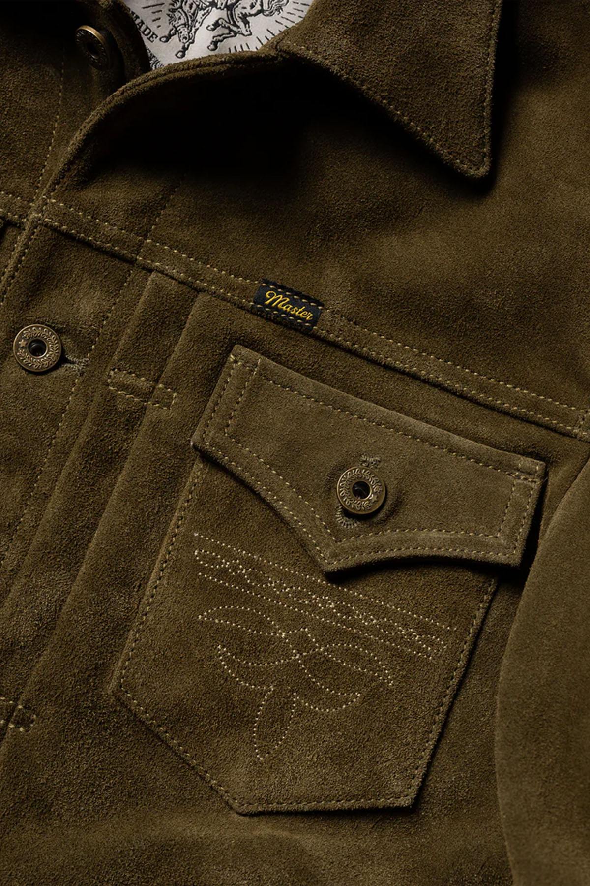 Western-style trucker jacket in olive suede leather. - Image n°8