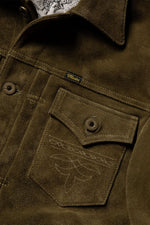 Western-style trucker jacket in olive suede leather. - Image n°8