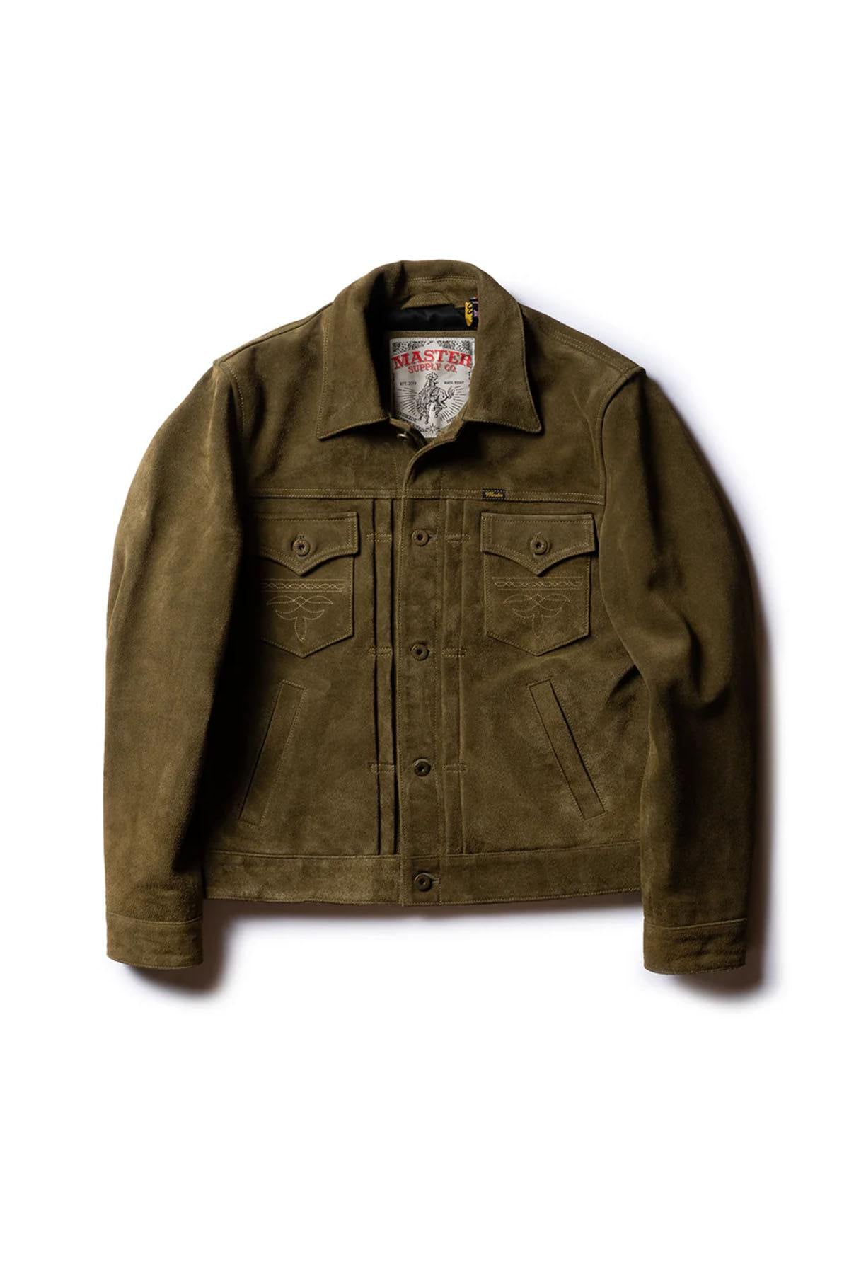 Western-style trucker jacket in olive suede leather. - Image n°5