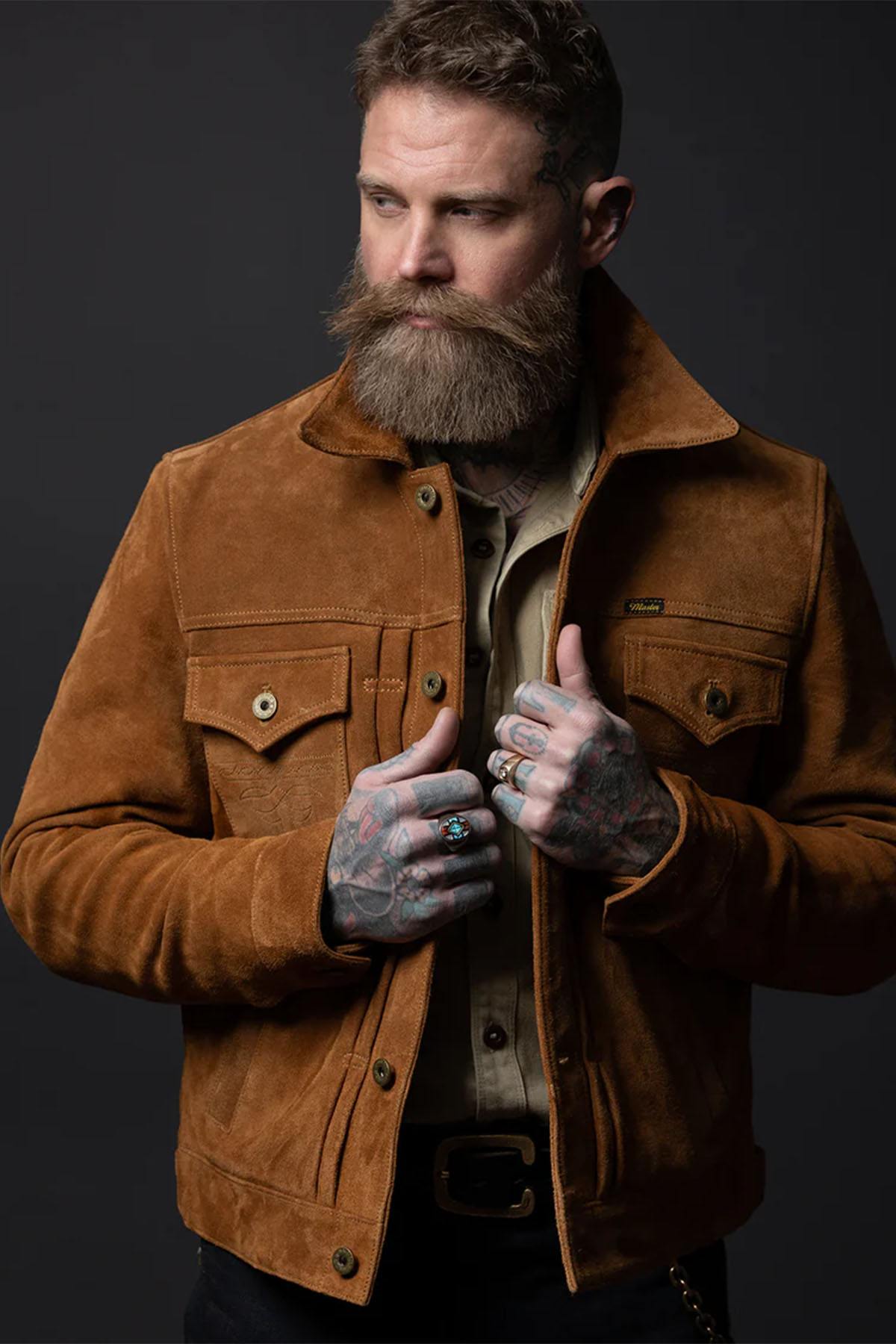 Western-style suede trucker jacket in tan - Image n°9