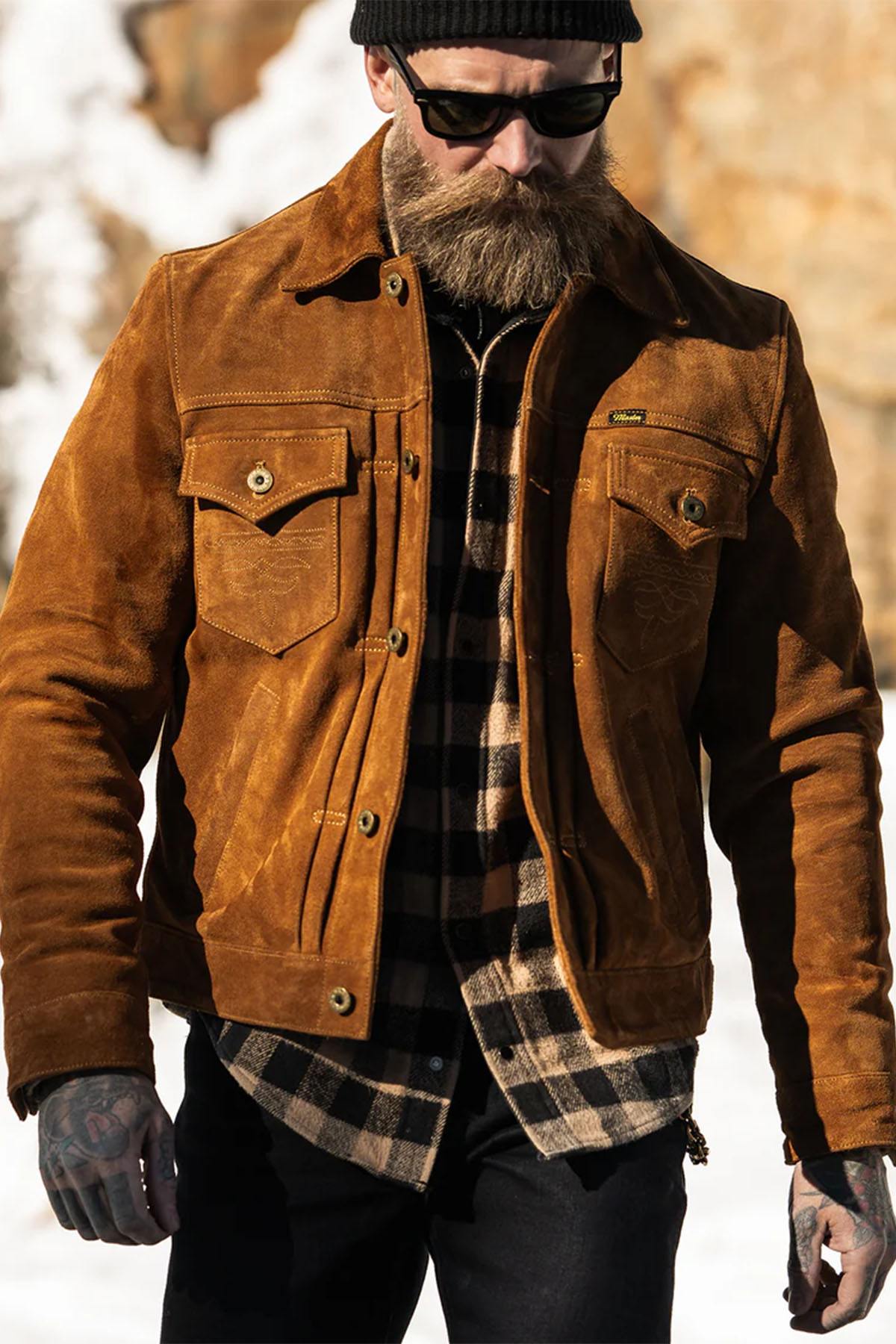 Western-style suede trucker jacket in tan - Image n°1