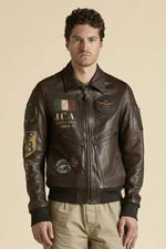 Patched and printed brown leather pilot jacket - Image n°9