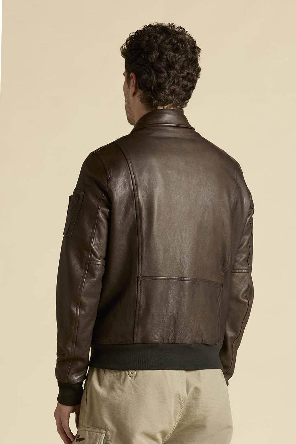 Patched and printed brown leather pilot jacket - Image n°10
