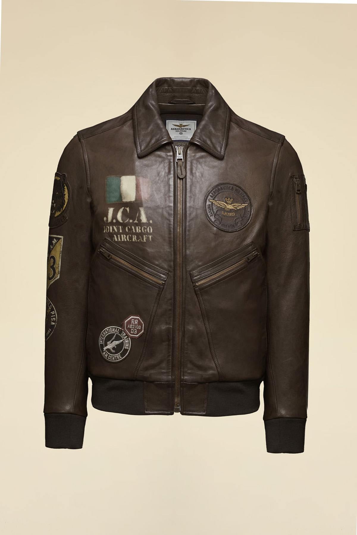Patched and printed brown leather pilot jacket - Image n°6