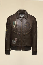 Patched and printed brown leather pilot jacket - Image n°6
