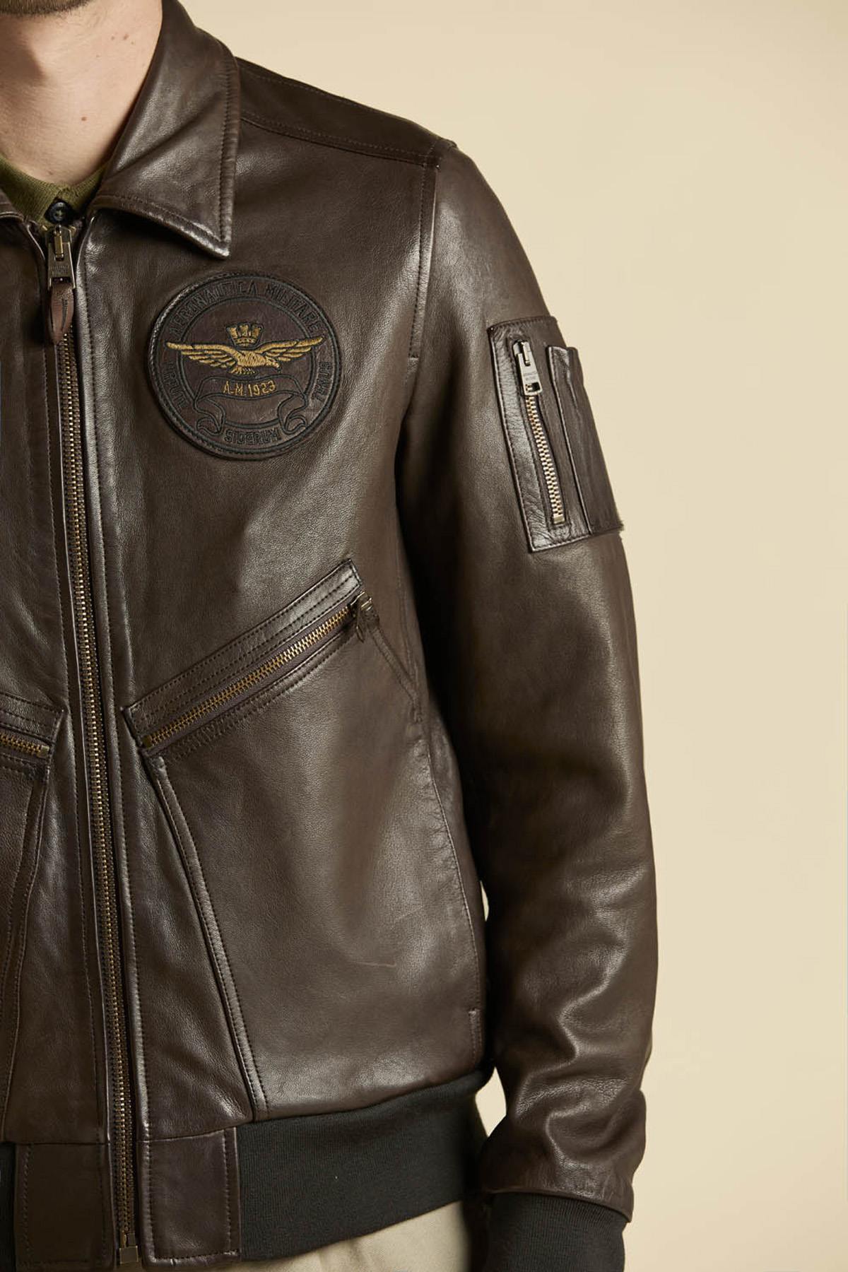 Patched and printed brown leather pilot jacket - Image n°8