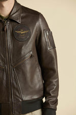 Patched and printed brown leather pilot jacket - Image n°8