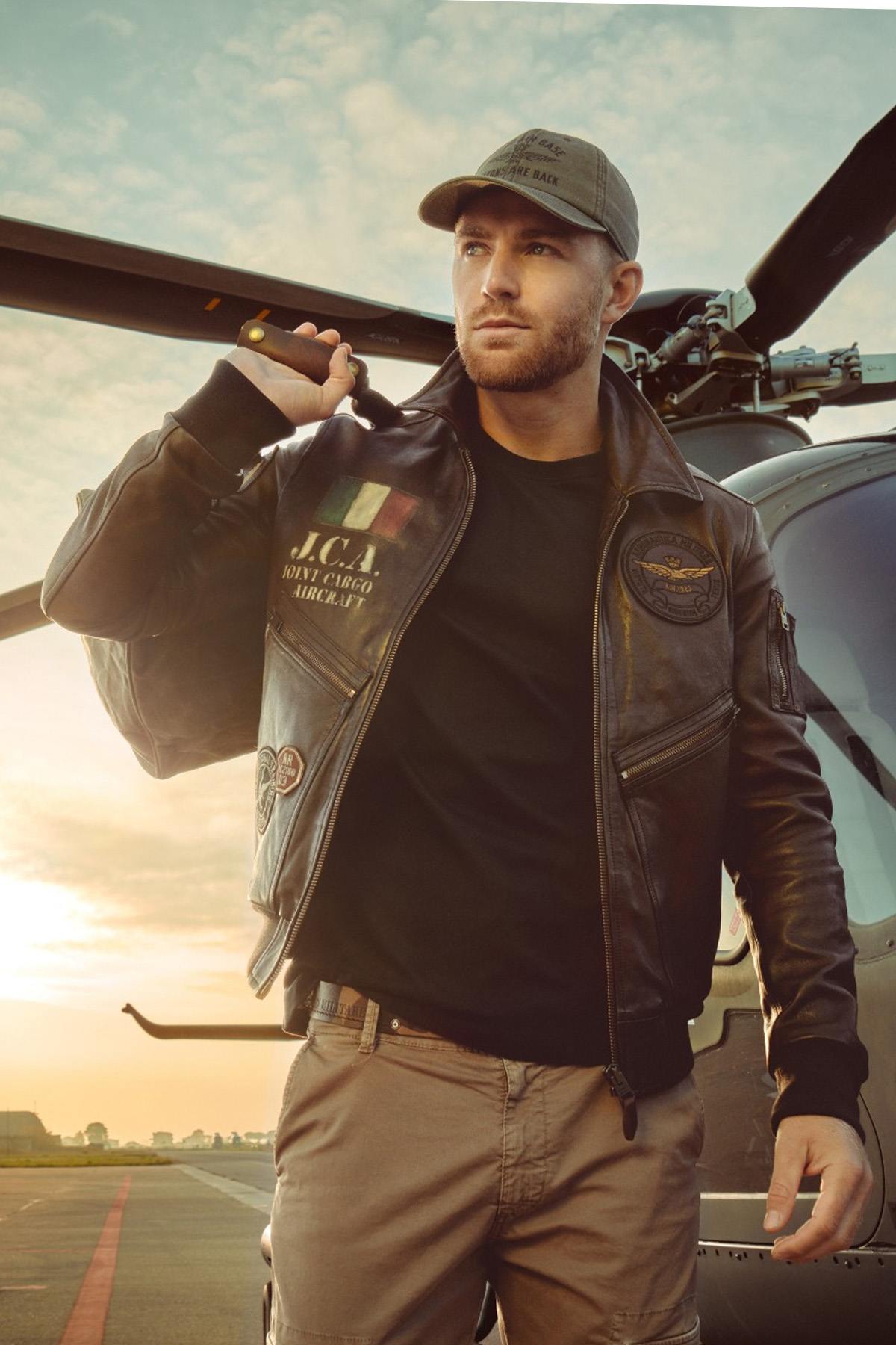 Patched and printed brown leather pilot jacket - Image n°3