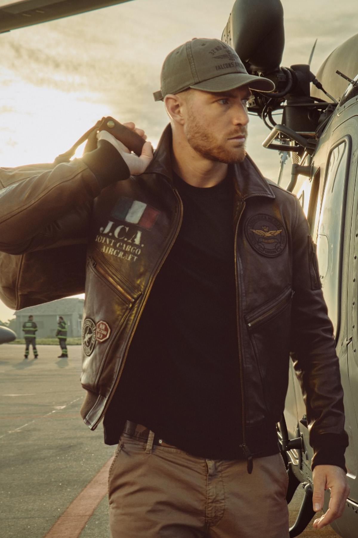 Patched and printed brown leather pilot jacket - Image n°1