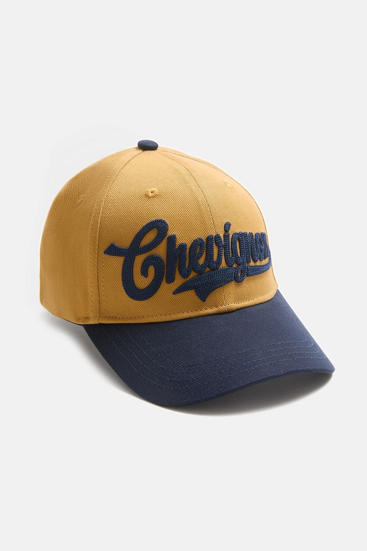 Ochre baseball cap, 100% cotton, with navy blue 3D embroidery - Image n°1