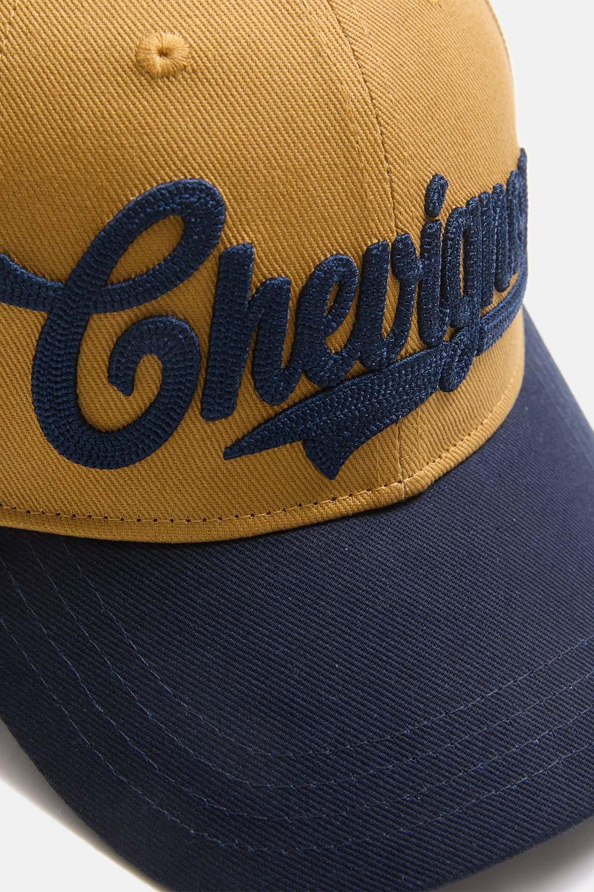 Ochre baseball cap, 100% cotton, with navy blue 3D embroidery - Image n°3