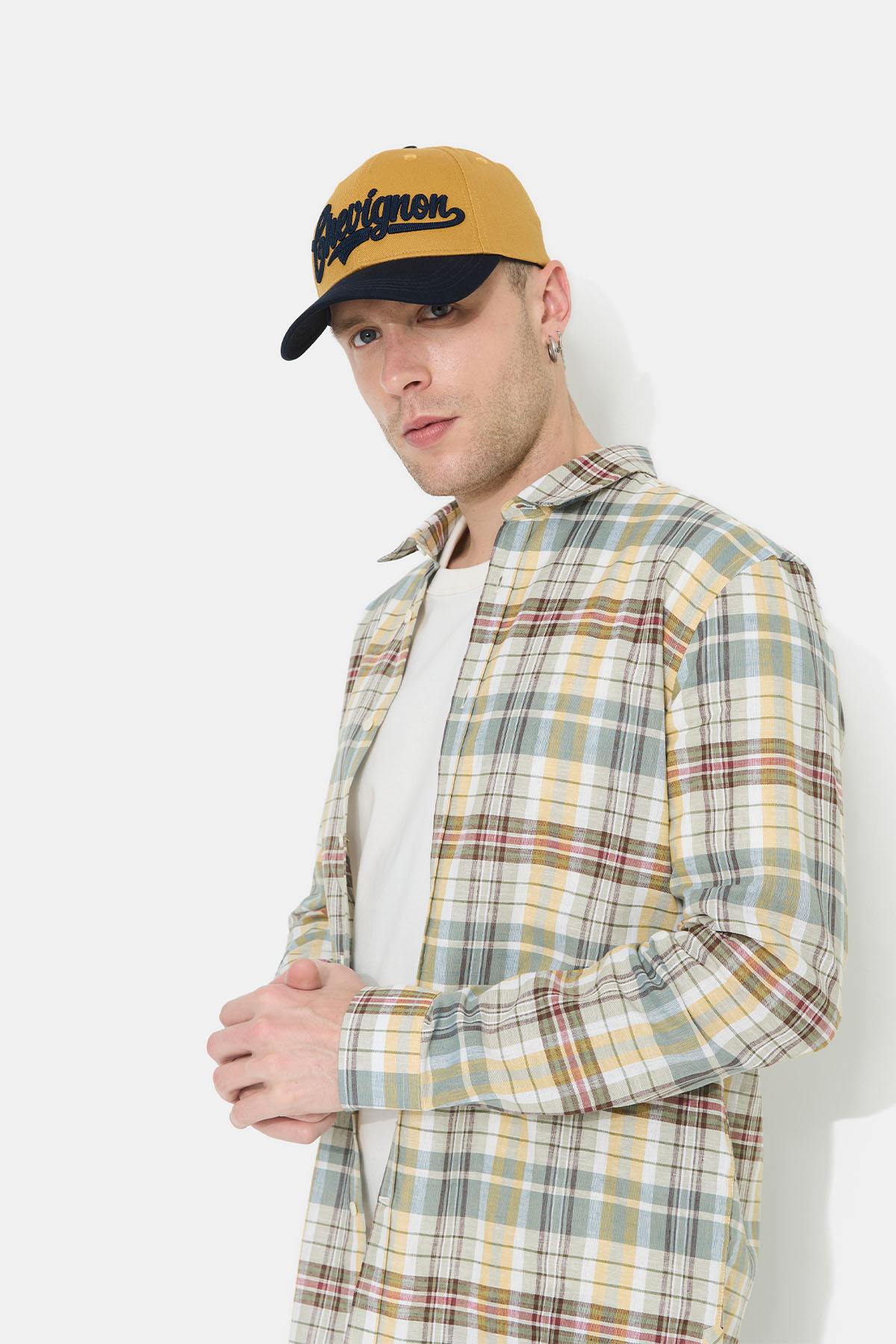 Ochre baseball cap, 100% cotton, with navy blue 3D embroidery - Image n°5