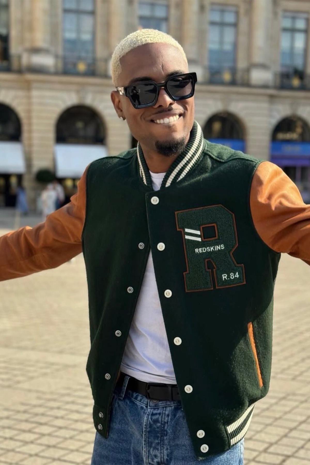 Redskins' varsity jacket: forest green wool and cognac lambskin. - Image n°10