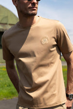 Dark beige cotton T-shirt with tone-on-tone logo - Image n°1