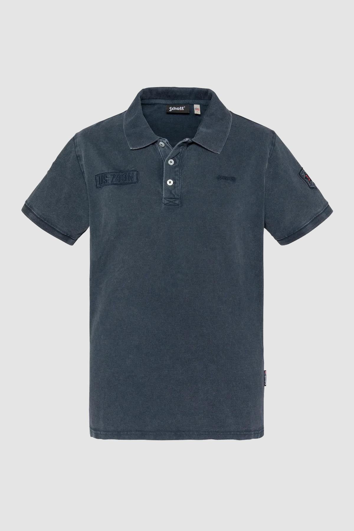 Navy blue army polo shirt with a faded effect - Image n°1
