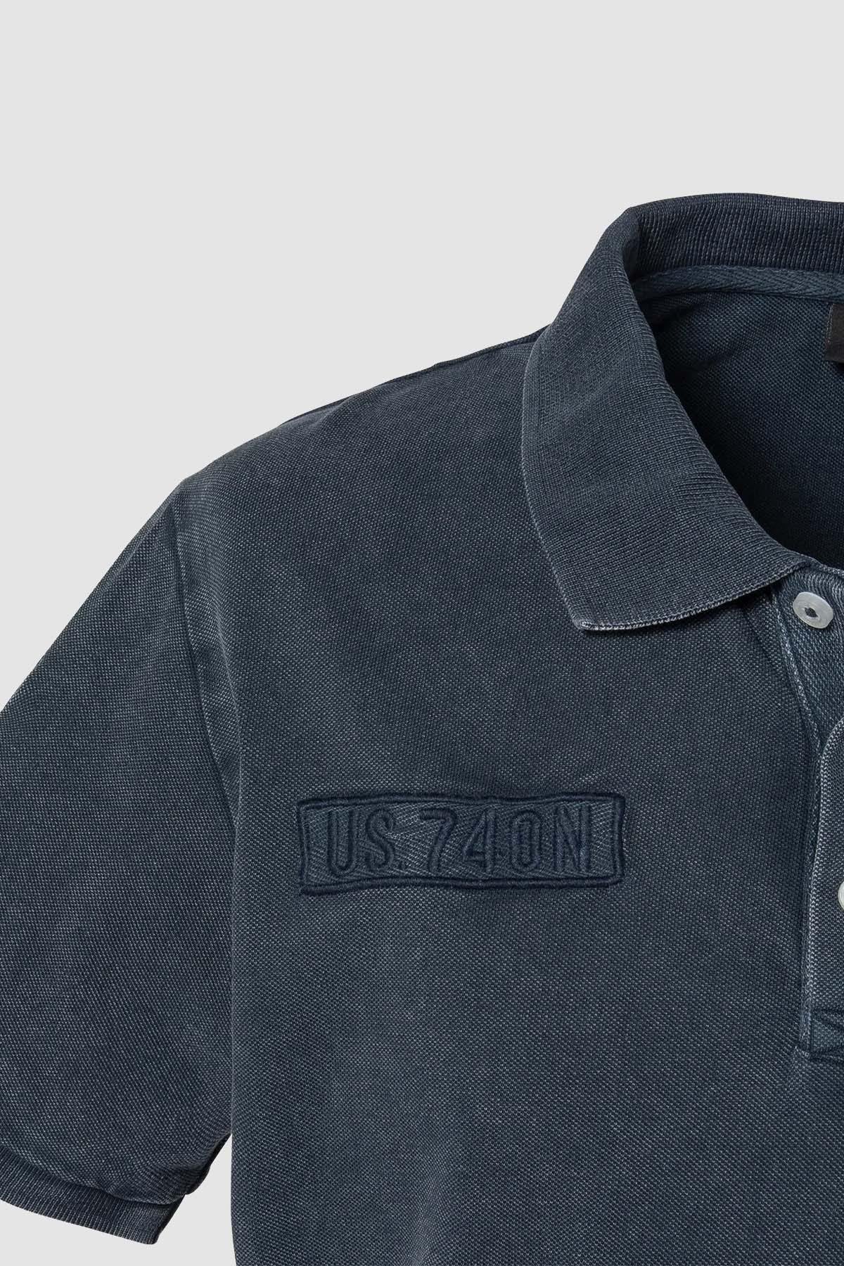 Navy blue army polo shirt with a faded effect - Image n°3