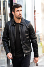 Black simple shirt-collar leather jacket - Image n°1