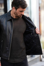 Black simple shirt-collar leather jacket - Image n°6
