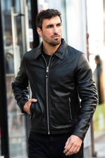 Black simple shirt-collar leather jacket - Image n°4