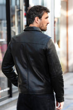 Black simple shirt-collar leather jacket - Image n°3