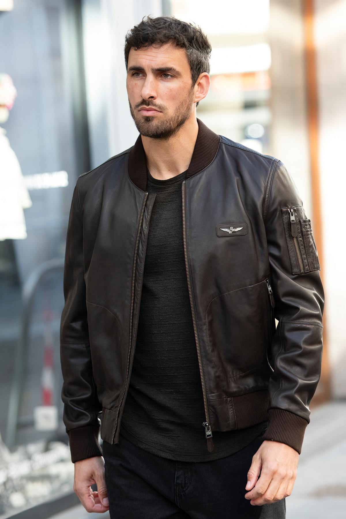Brown leather bomber jacket with metal eagle on the chest - Image n°3