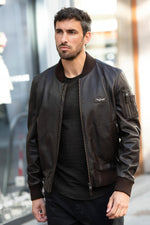 Brown leather bomber jacket with metal eagle on the chest - Image n°3