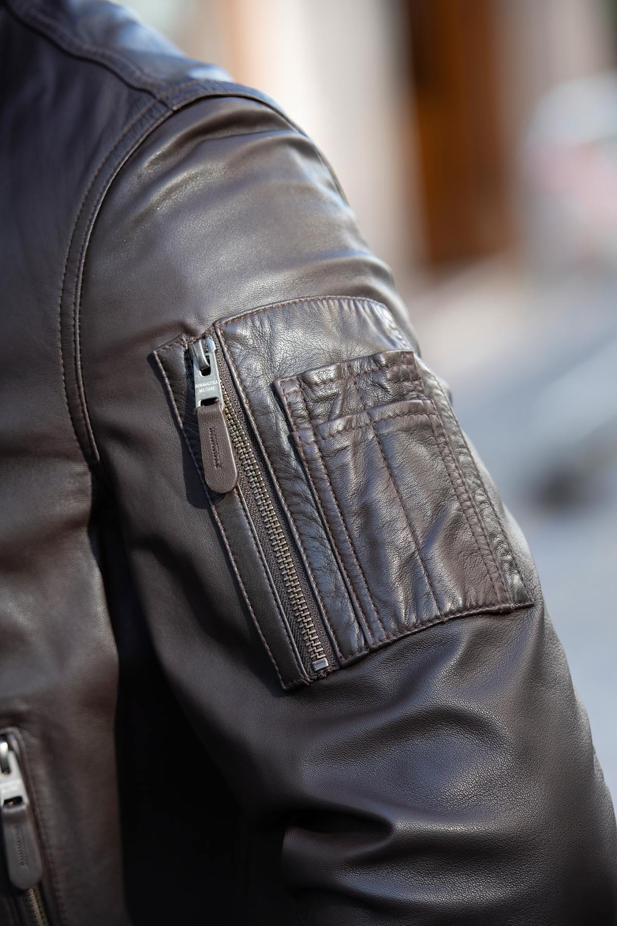 Brown leather bomber jacket with metal eagle on the chest - Image n°6