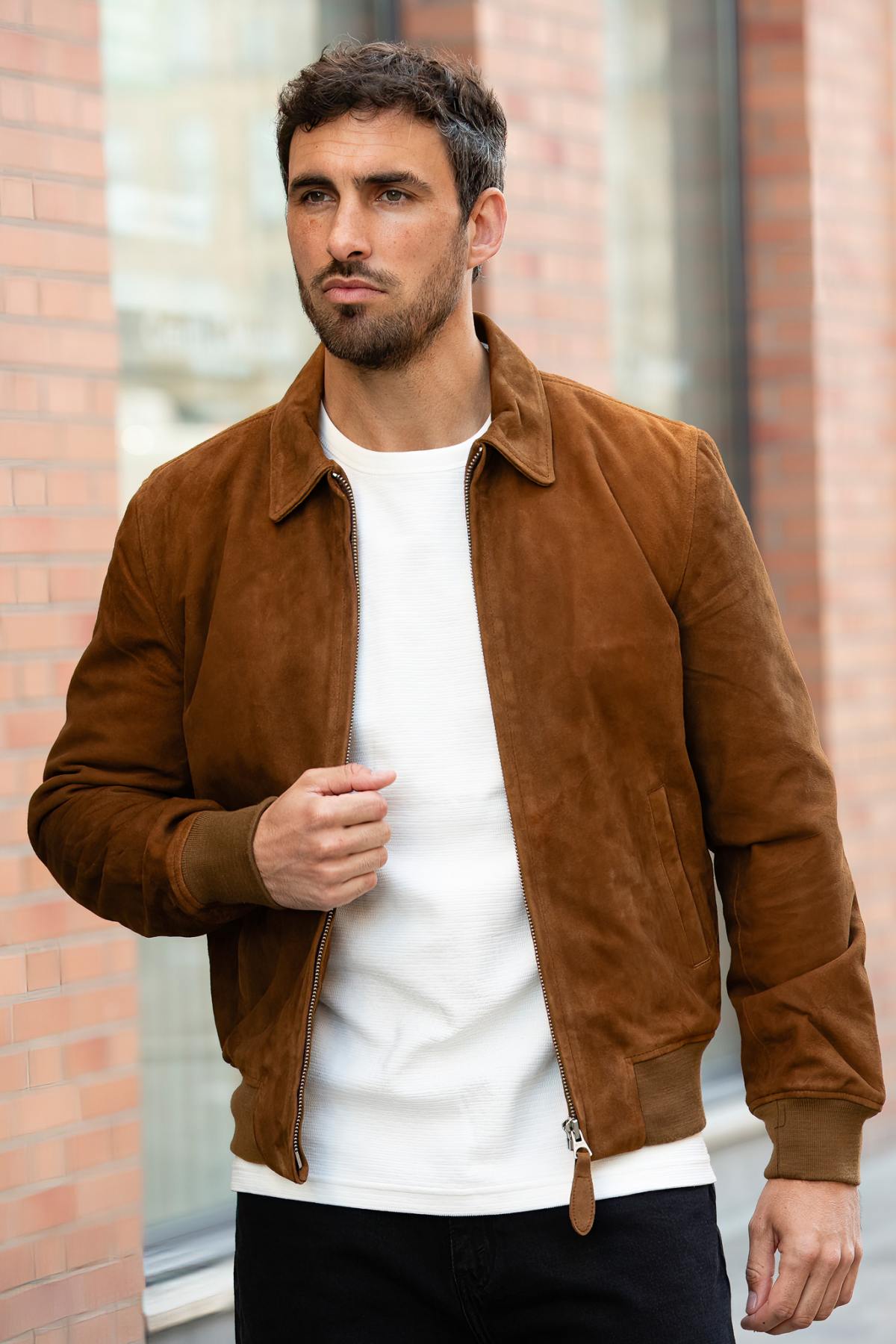 Rust-colored suede leather shirt-collar jacket - Image n°1
