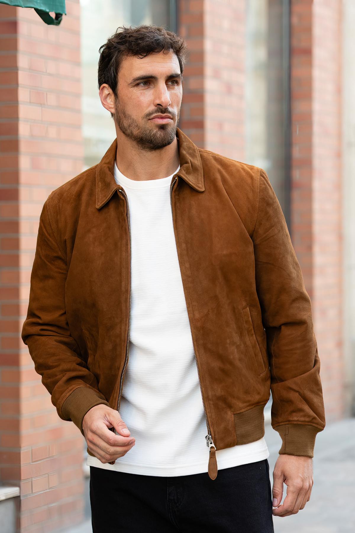 Rust-colored suede leather shirt-collar jacket - Image n°5