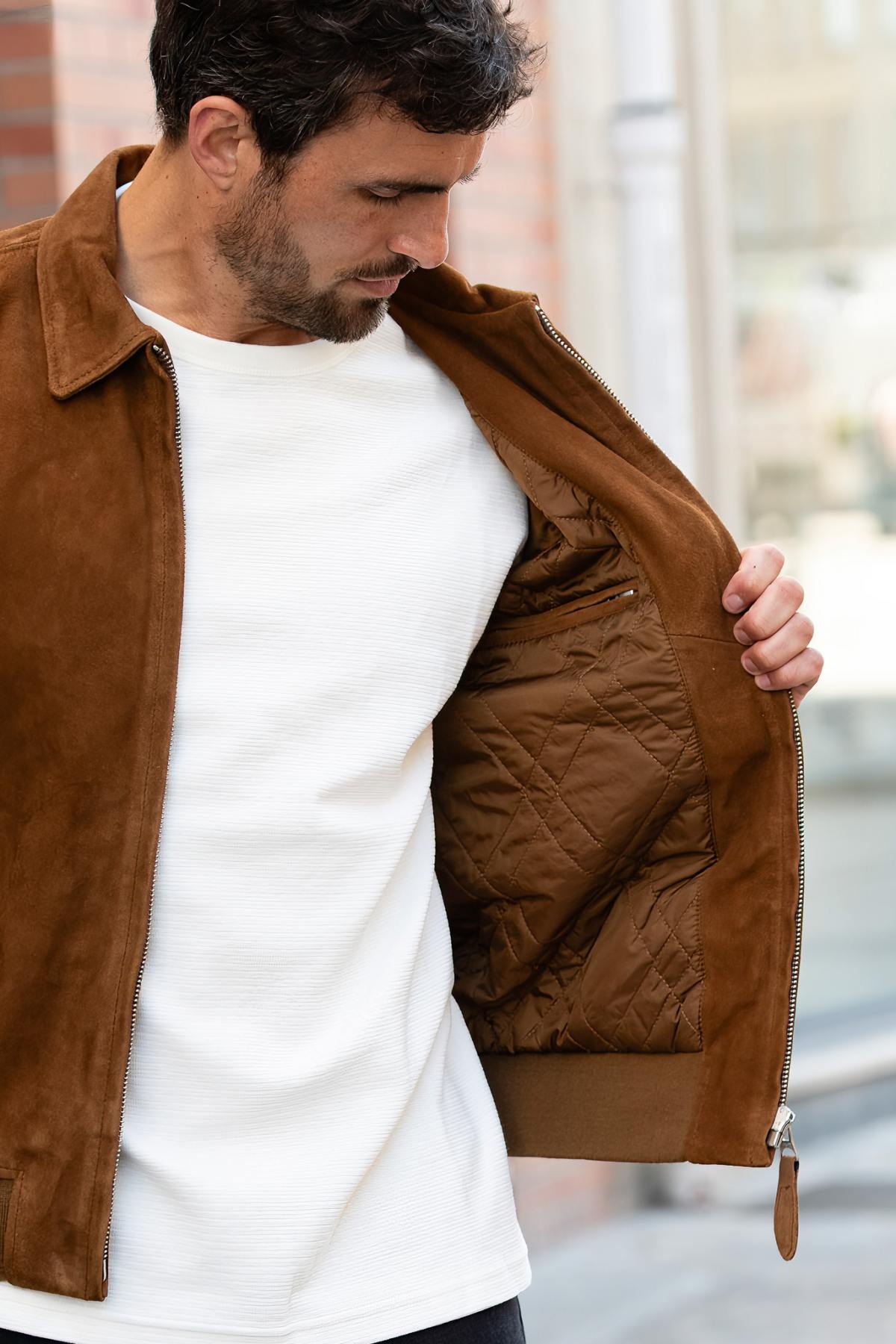 Rust-colored suede leather shirt-collar jacket - Image n°6
