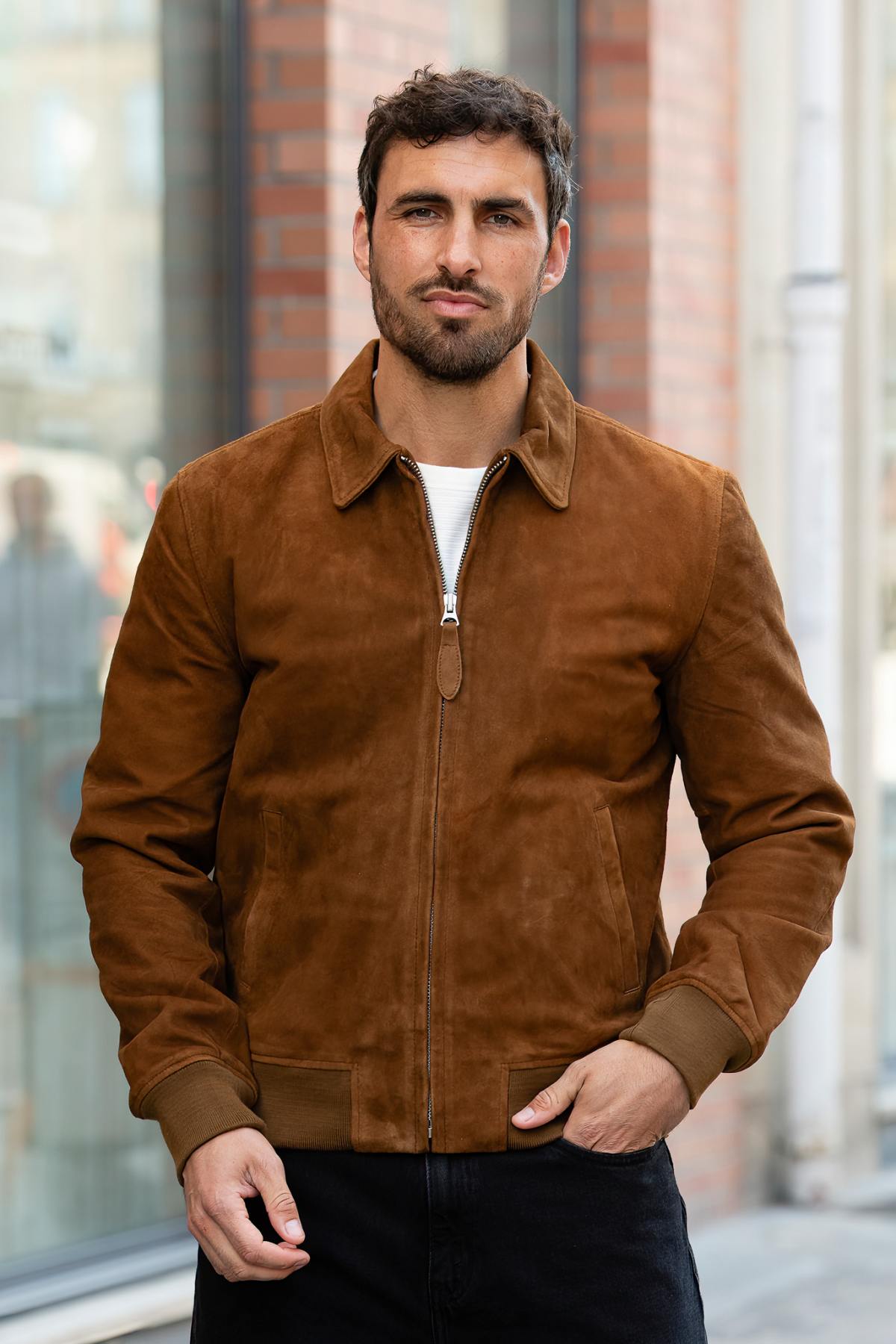 Rust-colored suede leather shirt-collar jacket - Image n°2