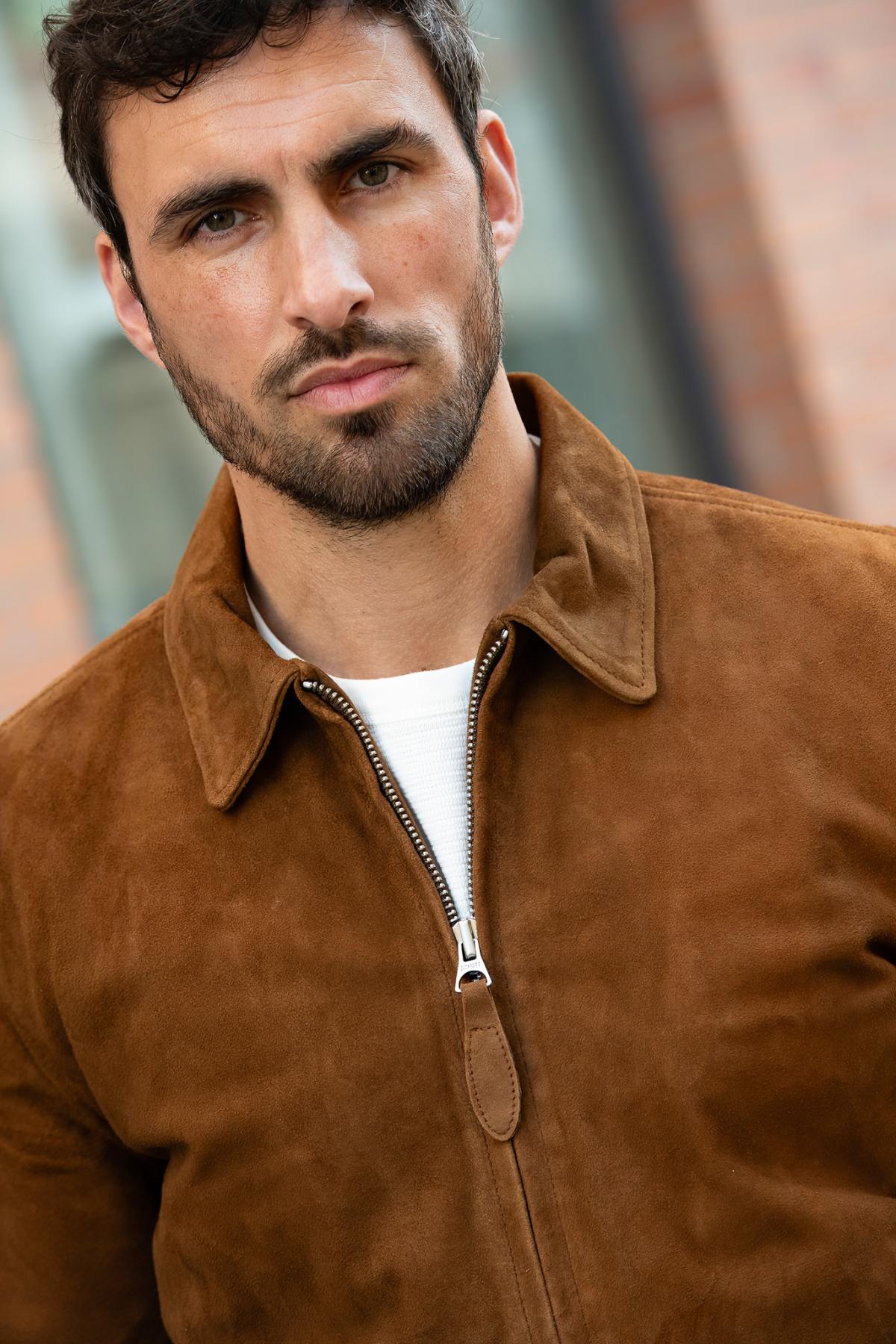 Rust-colored suede leather shirt-collar jacket - Image n°4