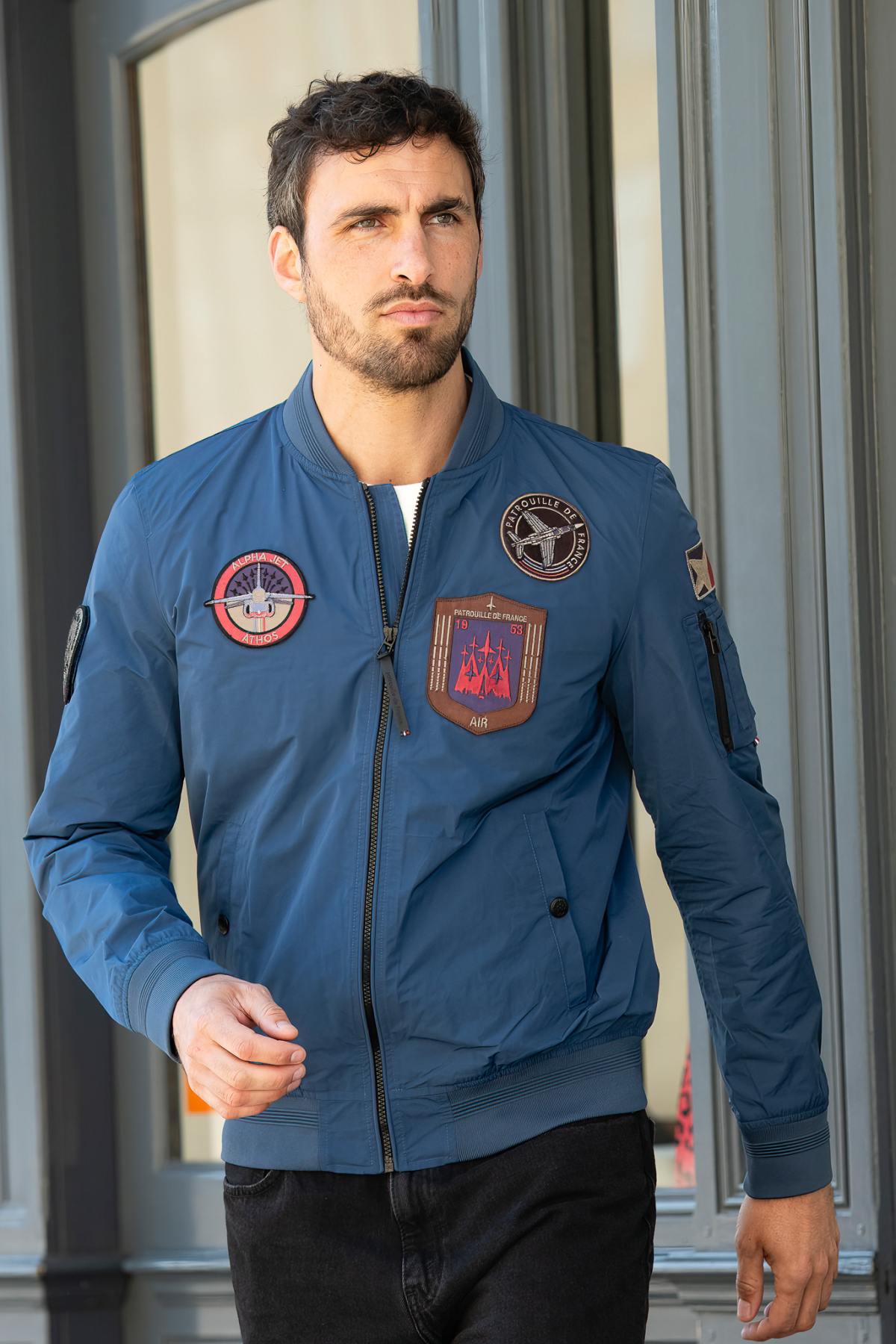 Ocean blue textile jacket with Patrouille de France patches - Image n°1