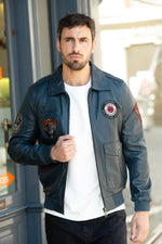 Ocean blue leather aviator jacket with shirt collar - Image n°5