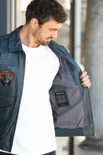 Ocean blue leather aviator jacket with shirt collar - Image n°7