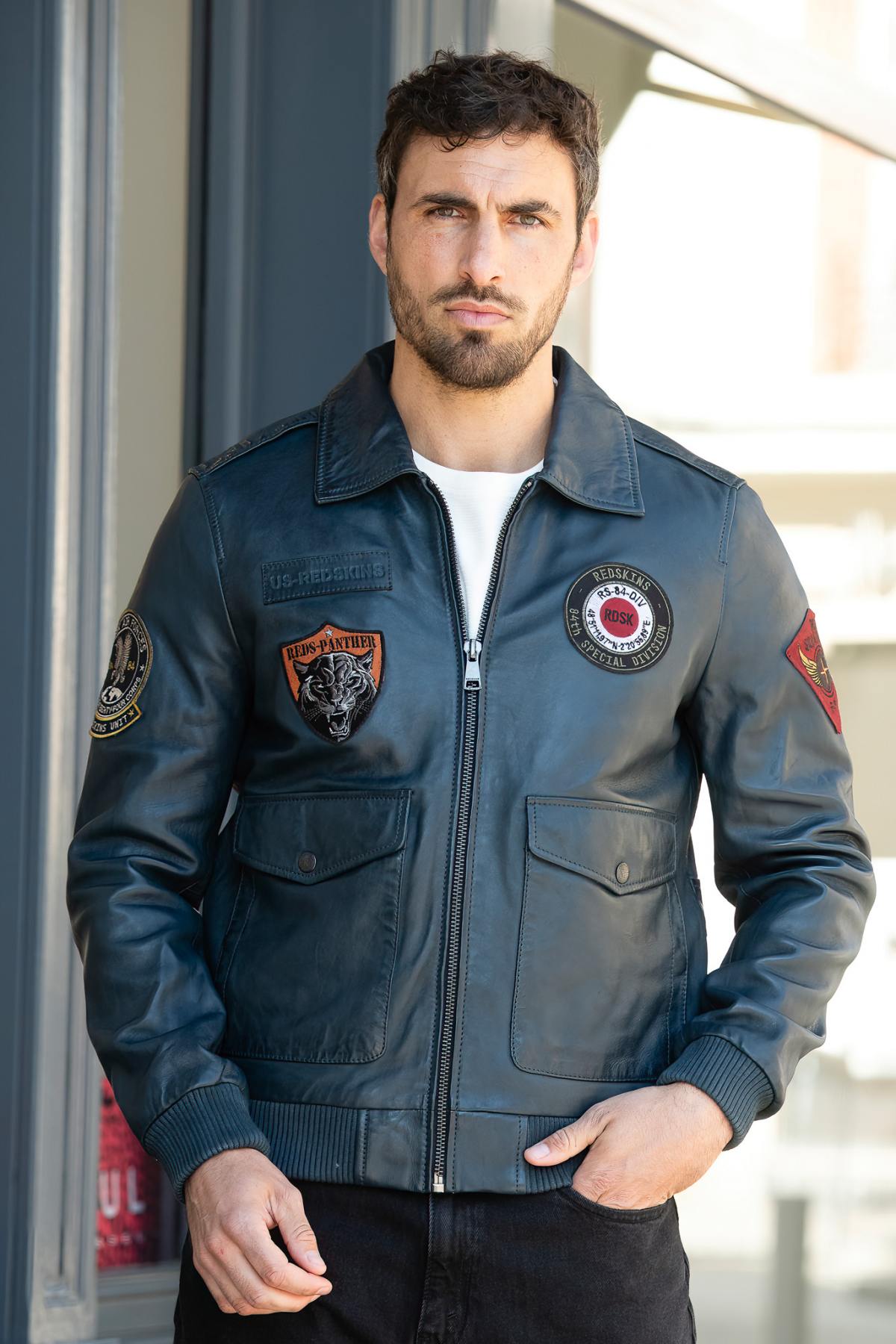 Ocean blue leather aviator jacket with shirt collar - Image n°3