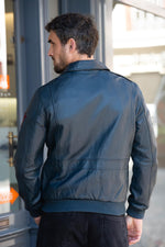 Ocean blue leather aviator jacket with shirt collar - Image n°4