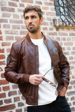 Vintage-style brown leather bomber jacket, Patrouille de France - Image n°1