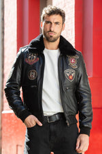 Black leather aviator jacket with patches - Image n°3