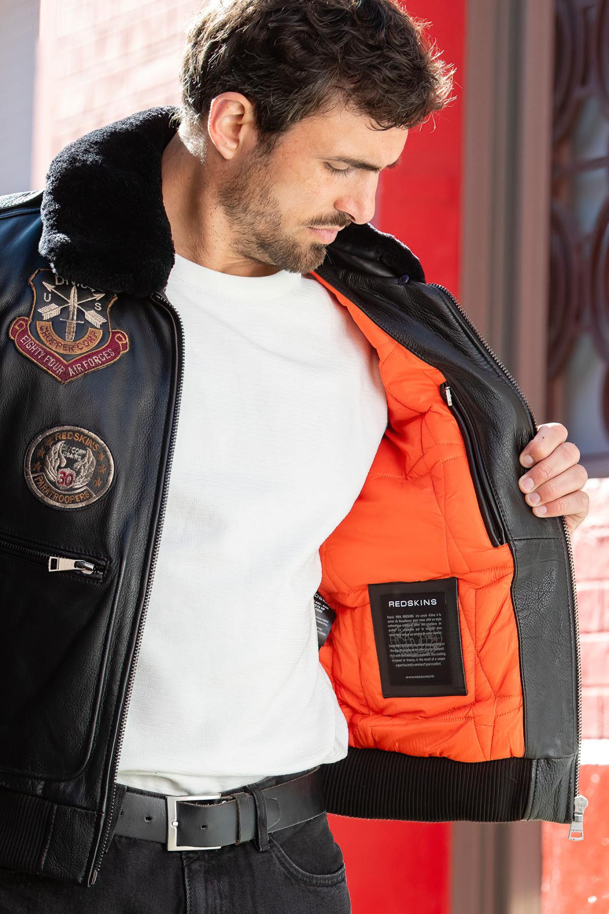 Black leather aviator jacket with patches - Image n°6